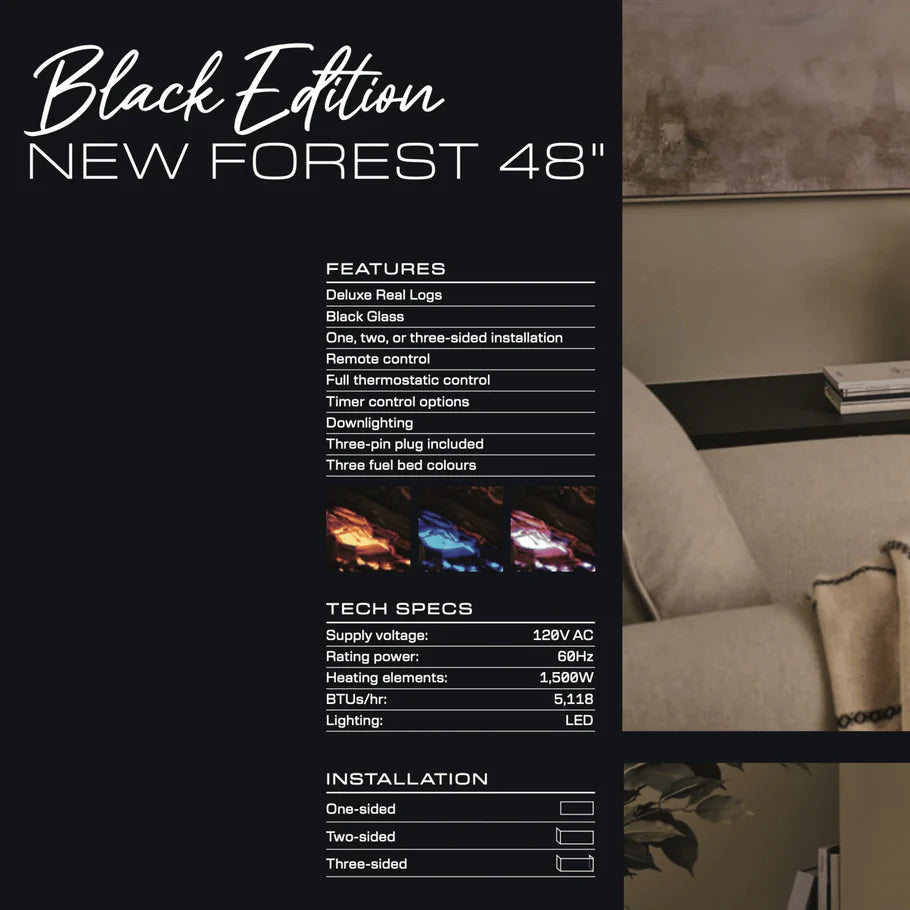 British Fires 48" Black Edition New Forest 1200 Electric Fireplace