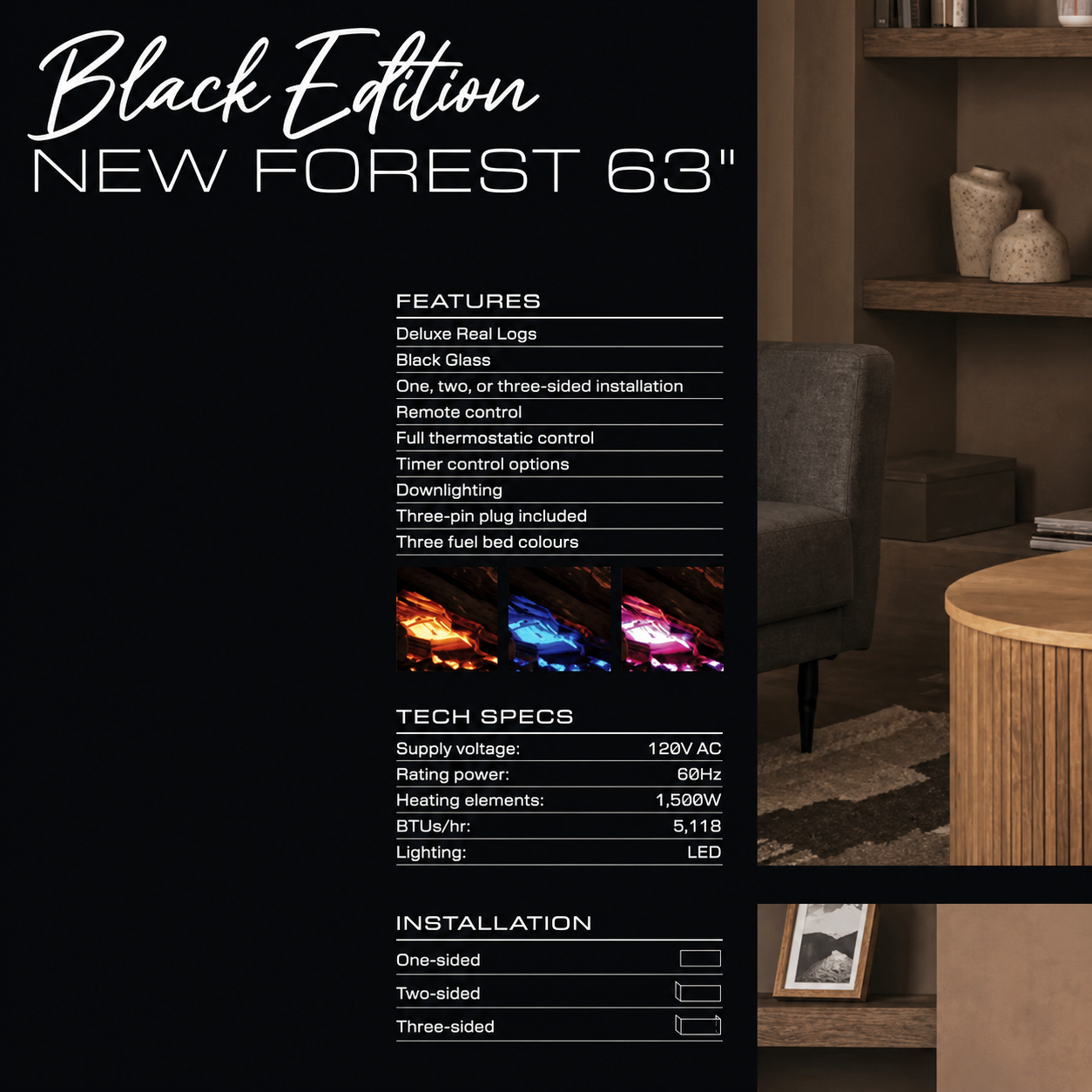 British Fires 63" Black Edition New Forest 1600 Multi-Sided Electric Fireplace