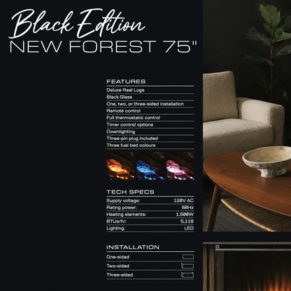 British Fires 75" Black Edition New Forest 1900 Multi-Sided Electric Fireplace
