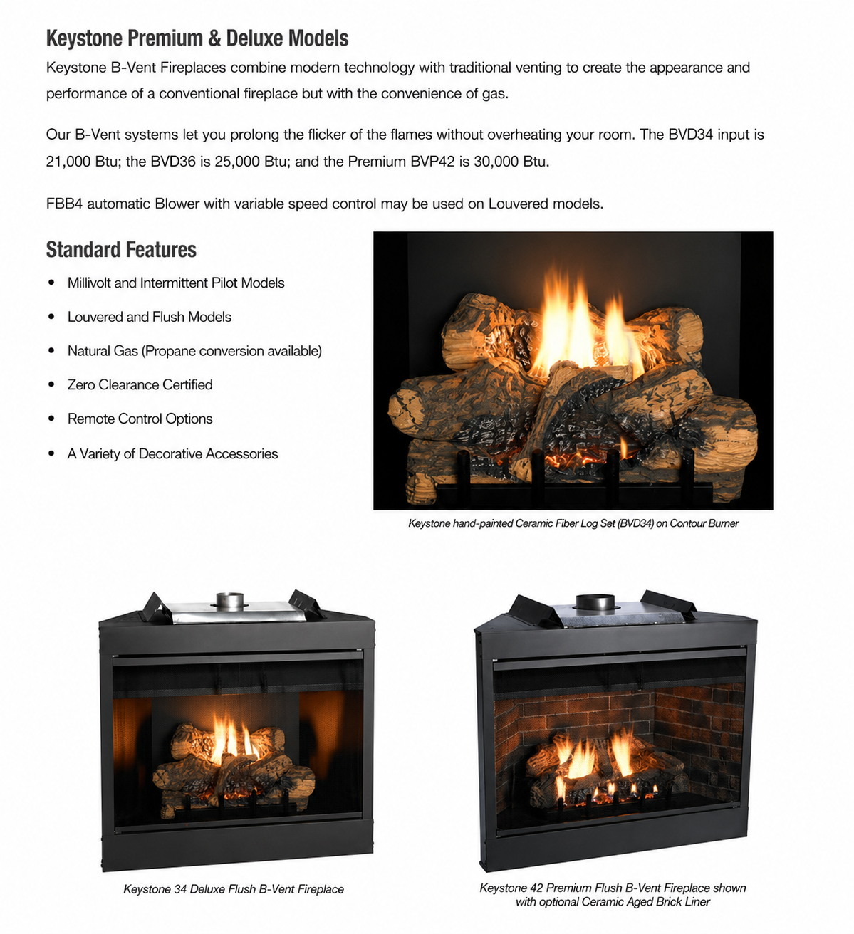 Empire Keystone Deluxe 34" B-Vent Gas Fireplace with Log Set