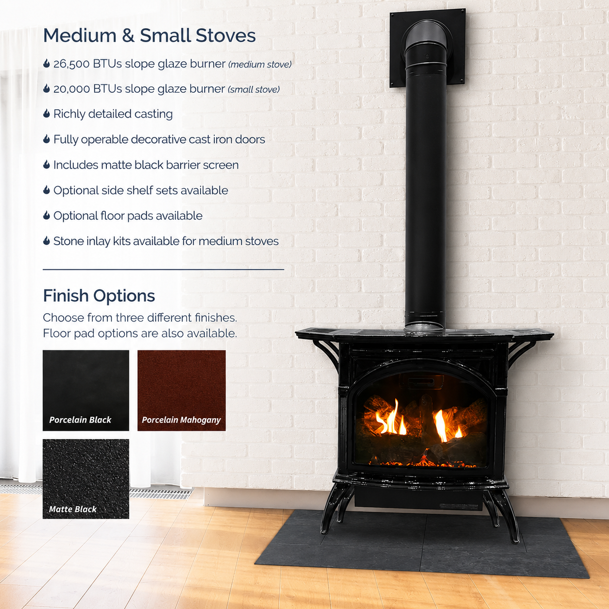 Empire Spirit 28" Cast Iron Medium Freestanding Direct Vent Gas Stove with Slope Glaze Burner and Log Set