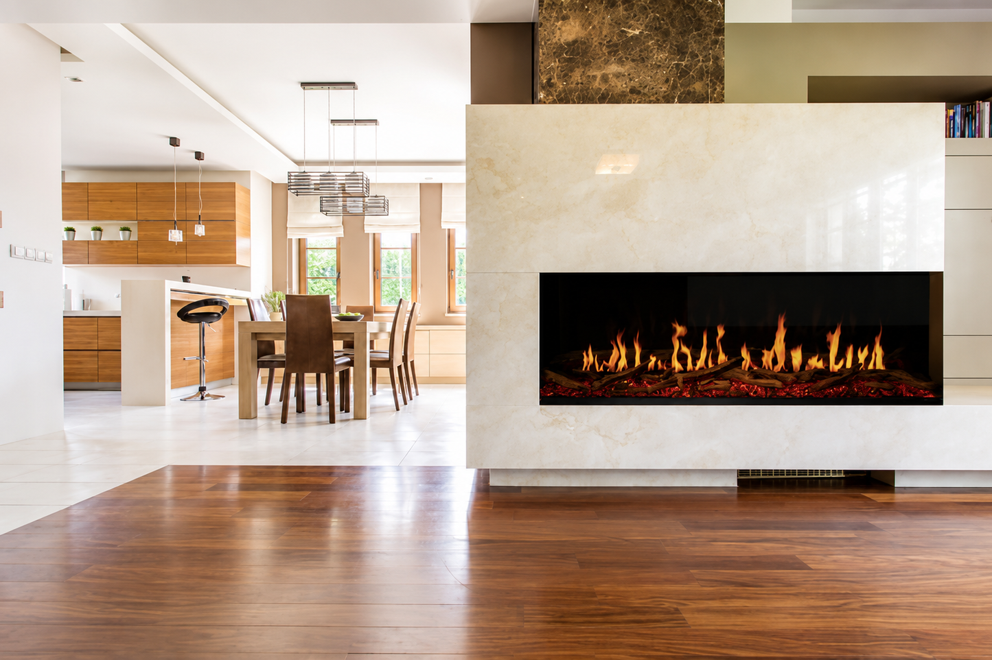 Modern Flames Orion 30" Heliovision Multi-Sided Linear Electric Fireplace with TruWood Log Set and Taller Flames Upgrade