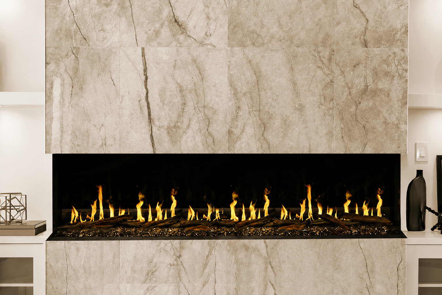 Modern Flames Orion 52" Heliovision Multi-Sided Linear Electric Fireplace with TruWood Log Set and Free Taller Flames Upgrade