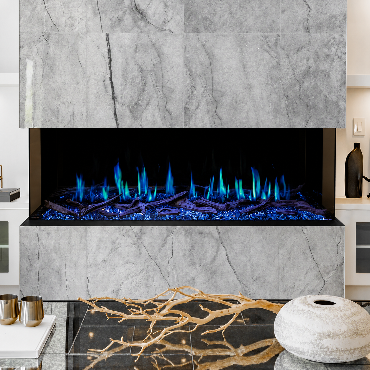 Modern Flames Orion 52" Heliovision Multi-Sided Linear Electric Fireplace with TruWood Log Set and Free Taller Flames Upgrade