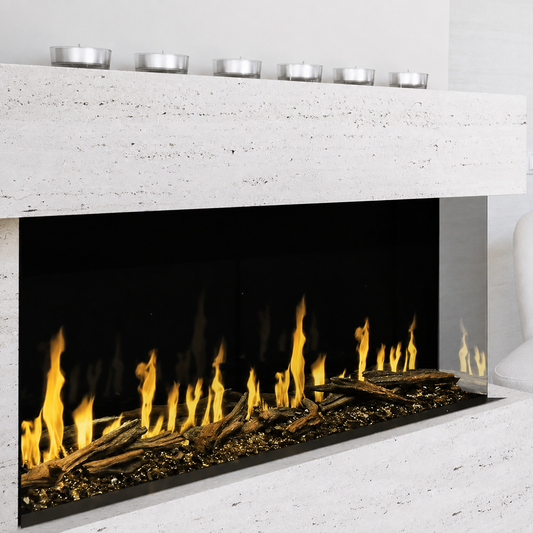 Modern Flames Orion 76" Heliovision Multi-Sided Linear Electric Fireplace with TruWood Log Set and Free Taller Flames Upgrade 