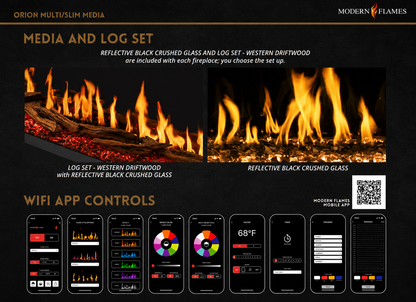 Modern Flames Orion Slim 100" Heliovision Linear Electric Fireplace with TruWood Log Set and Taller Flames Upgrade