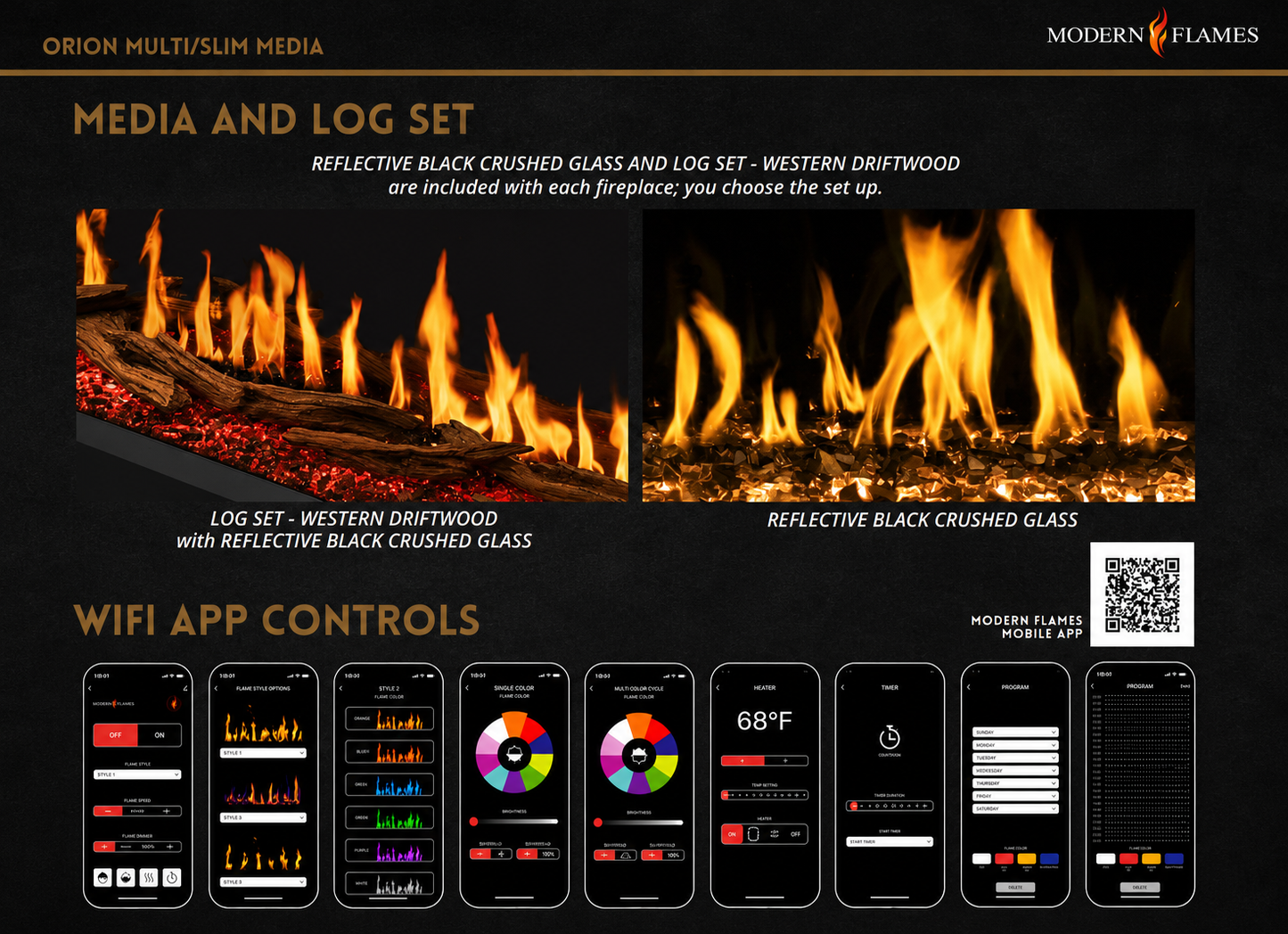 Modern Flames Orion Slim 52" Heliovision Linear Electric Fireplace with TruWood Log Set and Taller Flames Upgrade