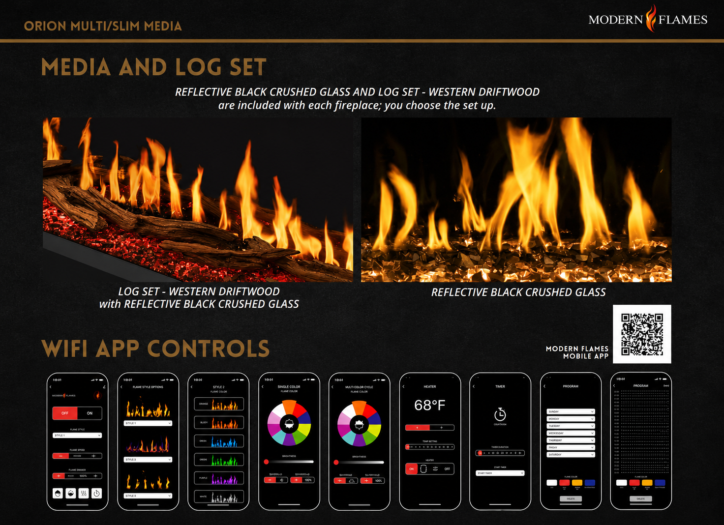 Modern Flames Orion Slim 60" Heliovision Linear Electric Fireplace with TruWood Log Set and Taller Flames Upgrade