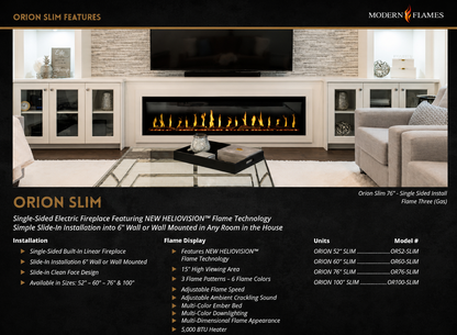 Modern Flames Orion Slim 60" Heliovision Linear Electric Fireplace with TruWood Log Set and Taller Flames Upgrade