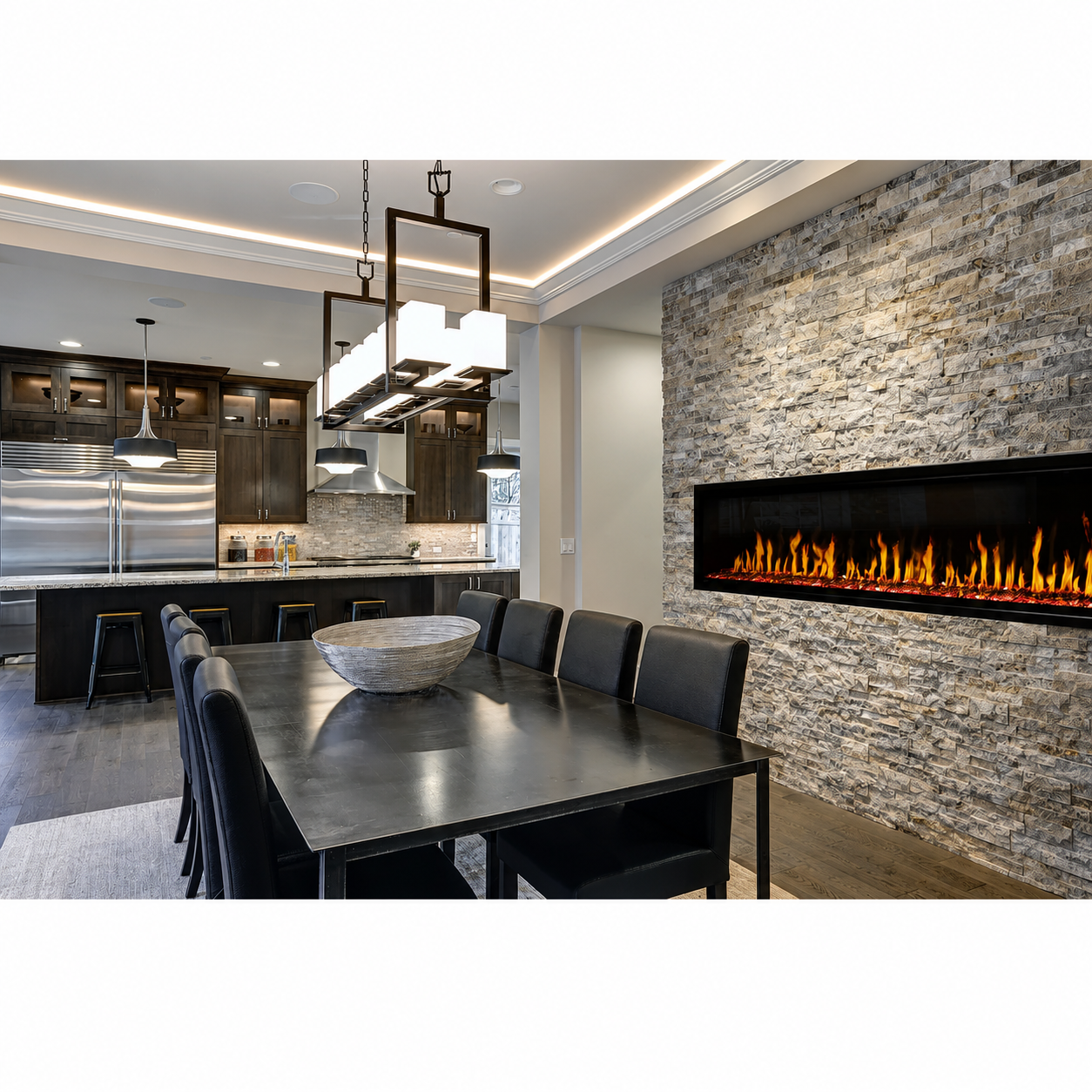 Modern Flames Orion Slim 76" Heliovision Linear Electric Fireplace with TruWood Log Set and Taller Flames Upgrade