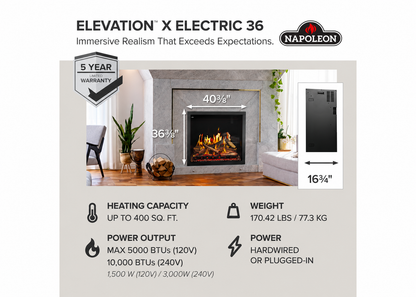 Napoleon Elevation X 36" Built-in Electric Fireplace with Oak Logs and Remote Control