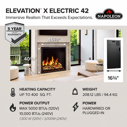 Napoleon Elevation X 42" Built-in Electric Fireplace with Oak Logs and Remote Control