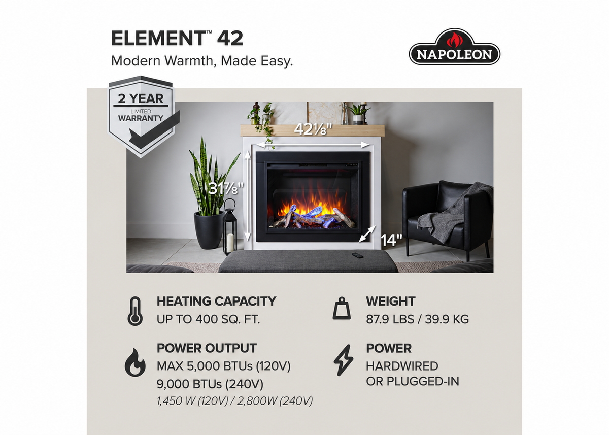 Napoleon NEFB42H-BS-1 Element 42" Built-in Electric Fireplace with Logs and Remote Control