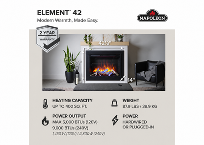 Napoleon NEFB42H-BS-1 Element 42" Built-in Electric Fireplace with Logs and Remote Control