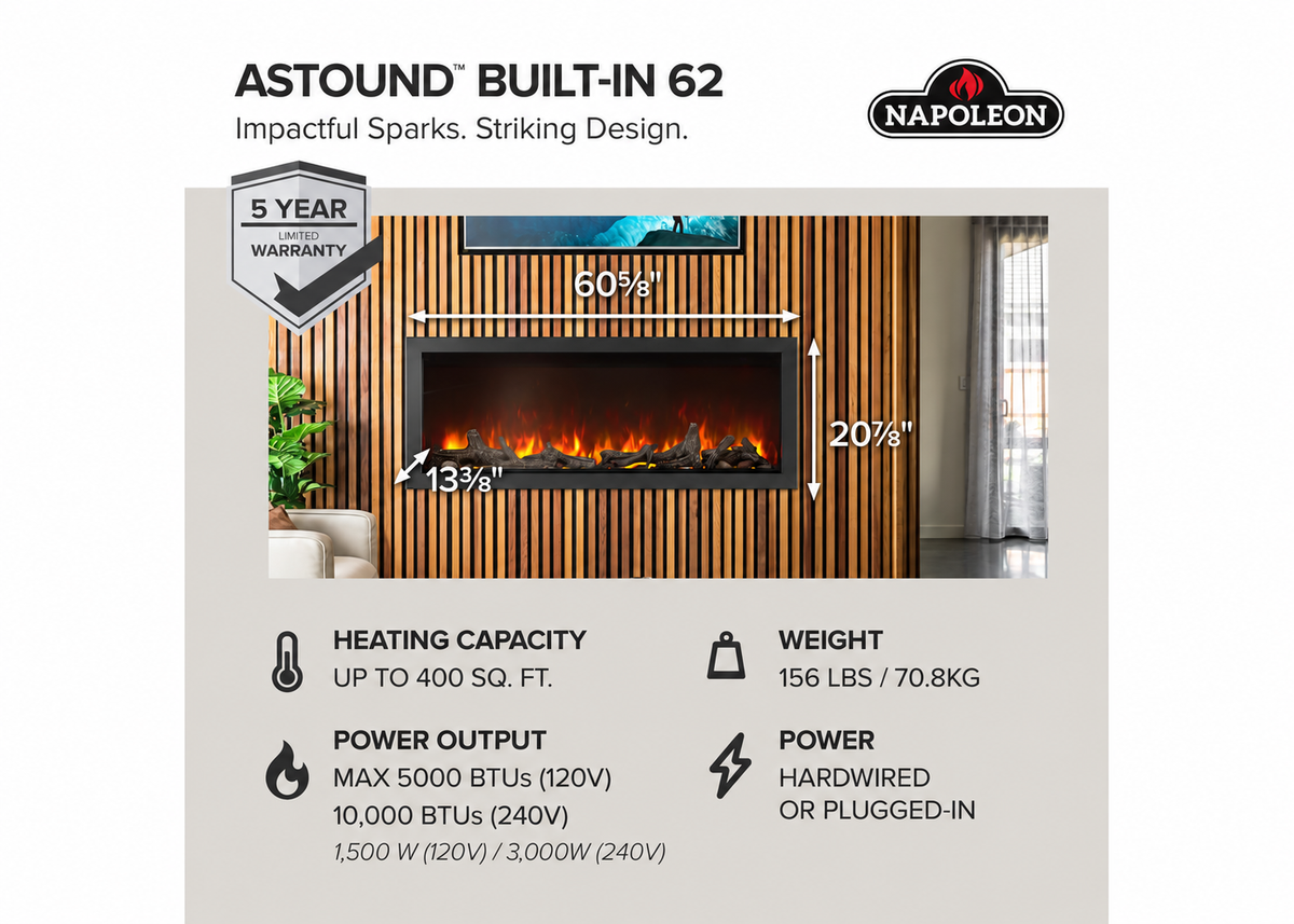 Napoleon NEFB62AB Astound 62" Built-in Linear Electric Fireplace With Wi-Fi Connectivity