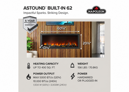 Napoleon NEFB62AB Astound 62" Built-in Linear Electric Fireplace With Wi-Fi Connectivity
