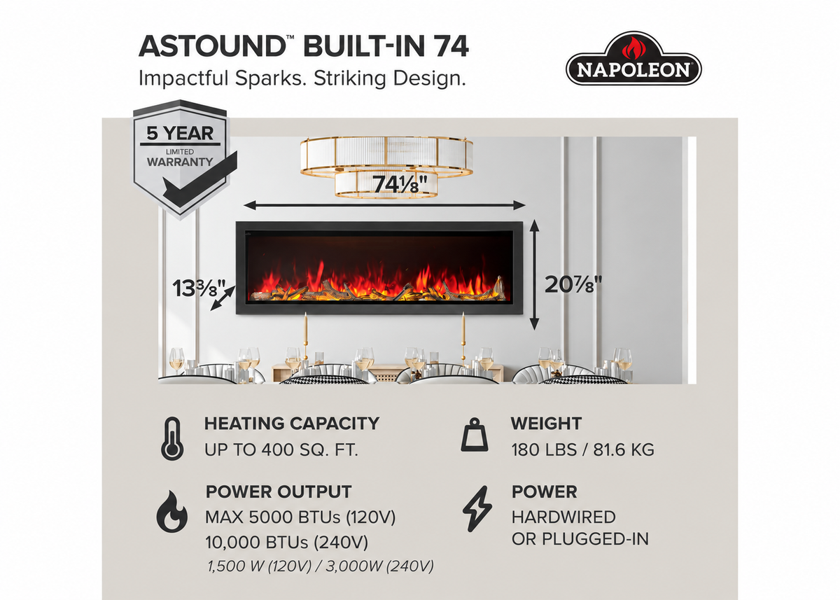 Napoleon NEFB74AB Astound 74" Built-in Linear Electric Fireplace With Wi-Fi Connectivity