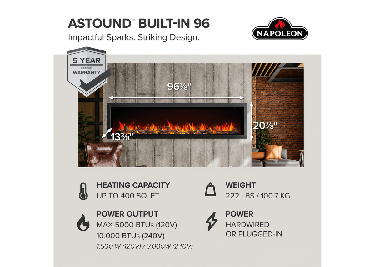 Napoleon NEFB96AB Astound 96" Built-in Linear Electric Fireplace With Wi-Fi Connectivity