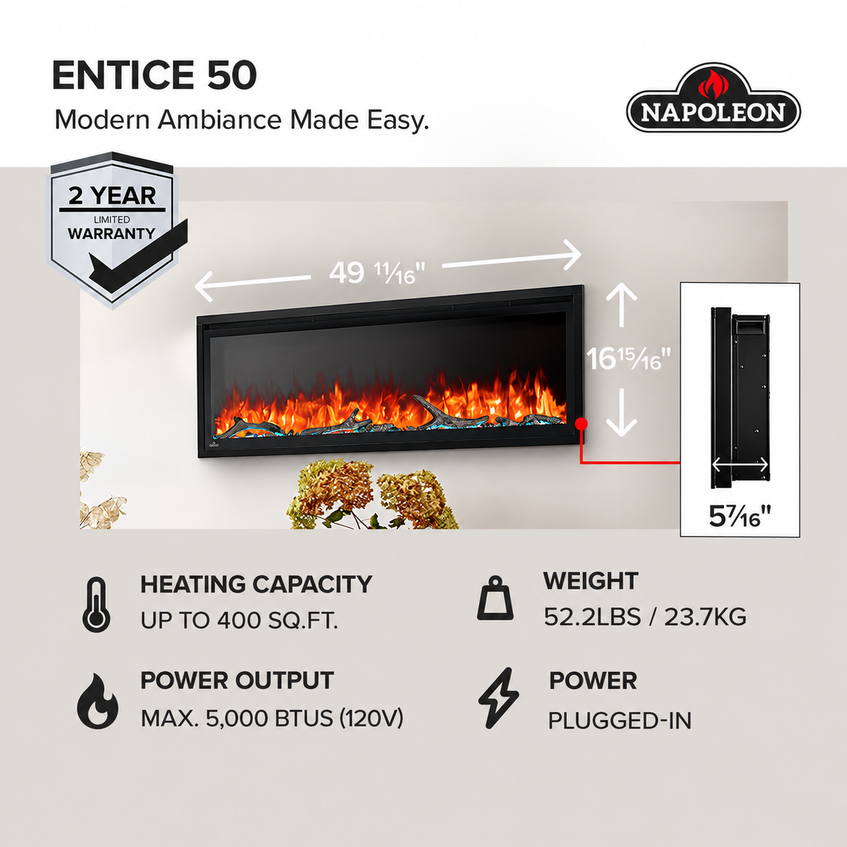 Napoleon NEFL50CFH-1 Entice 50" Wall-Hanging Linear Electric Fireplace
