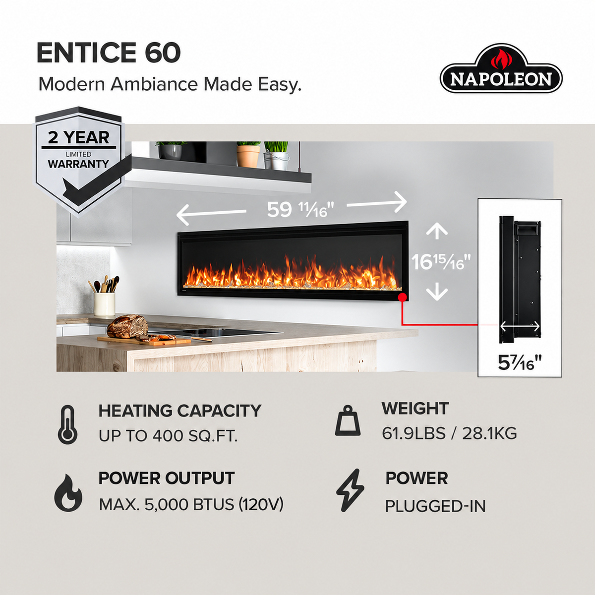 Napoleon NEFL60CFH-1 Entice 60" Wall-Hanging Linear Electric Fireplace
