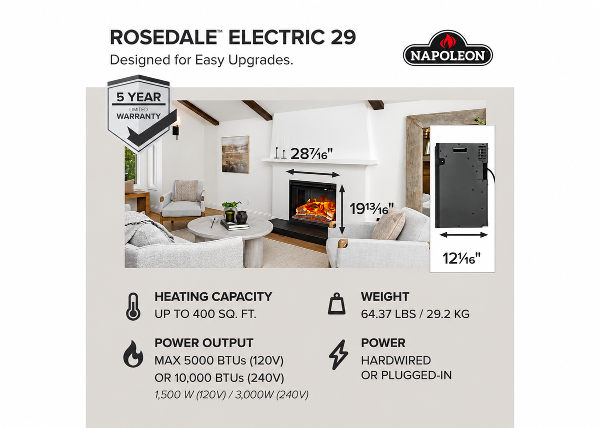 Napoleon Rosedale 3 Built-in 29" Electric Fireplace with Logs and Remote