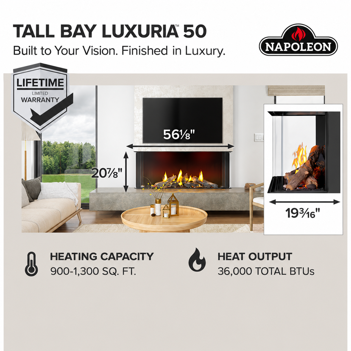 Napoleon Tall Bay Luxuria 50" Multi Sided Direct Vent Linear Gas Fireplace with Electronic Ignition